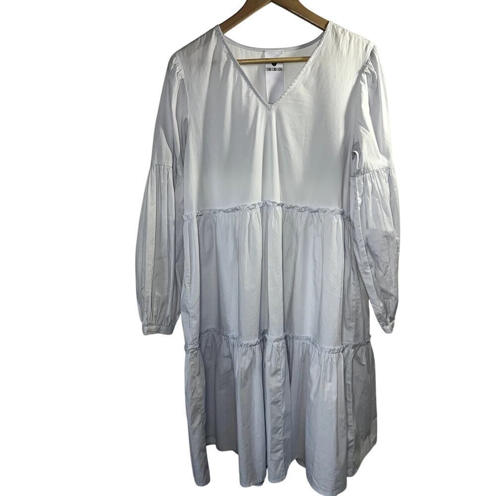 CHU CHU LOO Women's Ruffle Tiered Long Sleeve Cotton Dress Light Gray Size Small